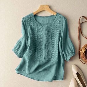 Embroidered Cotton Teal Women's Top Breathable Boxy Cut